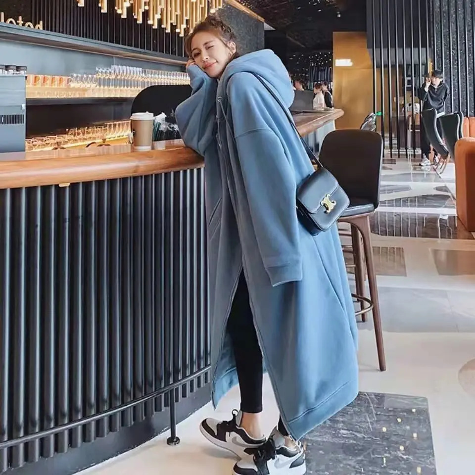 Casual Long Hooded Swearshirt for Women Autumn Winter Fleece Thicken Loose Sleeve Zipper Cardigan Coats Oversized 240301