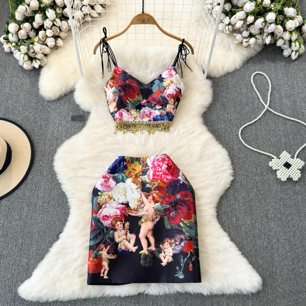 Two Piece Dress Fashion Runway Summer Skirt Suit Women's Bow Spaghetti Strap Beaded Tassel Short Tops Printed Mini Skirt 2 Two Piece Set 2024