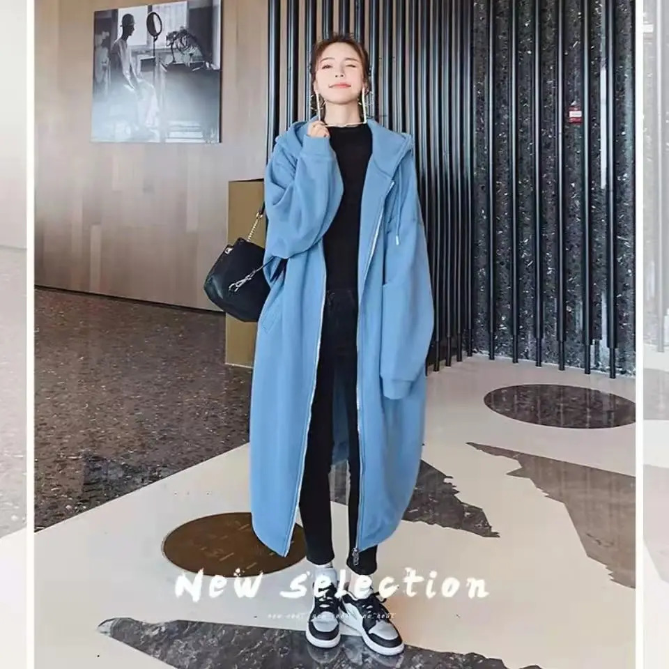 Casual Long Hooded Swearshirt for Women Autumn Winter Fleece Thicken Loose Sleeve Zipper Cardigan Coats Oversized 240301