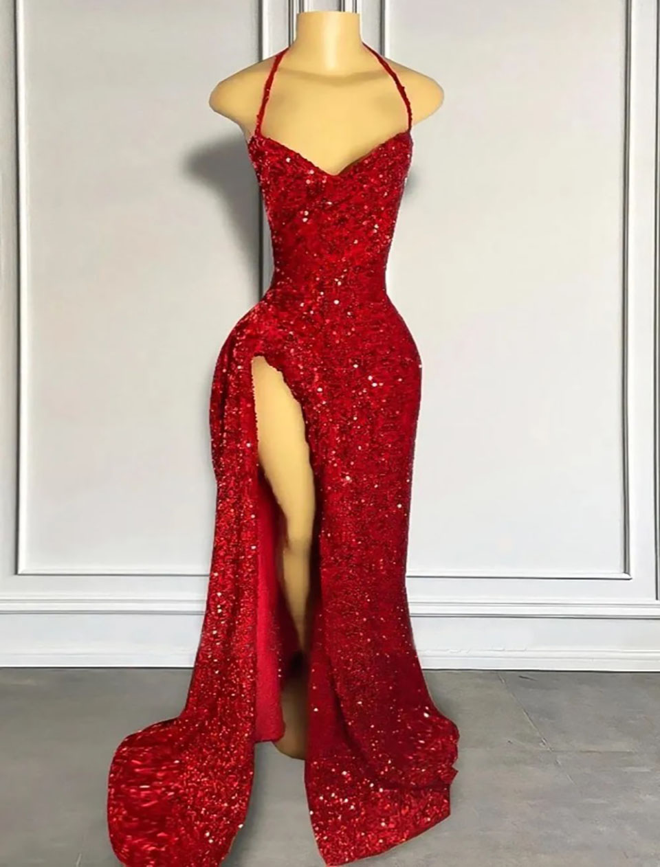 Prom Dresses Party Evening Gown Formal Mermaid Sequins Custom Zipper Lace Up Plus Size New Spaghetti Sleeveless Dark Red Thigh-High Slits