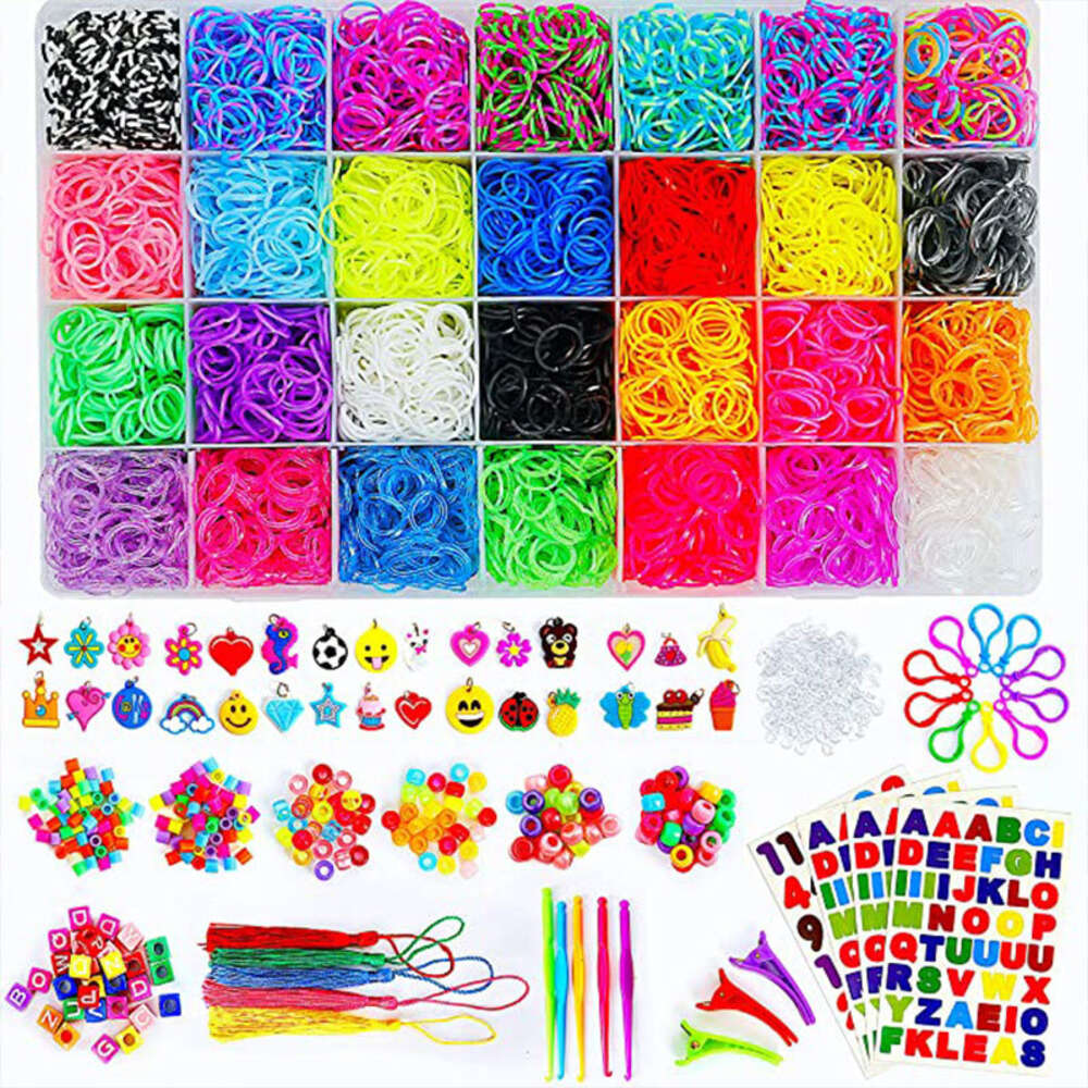 Party Games Crafts DIY Toy Rubber 10000pcs Silicone Elastic Refill Stickers Bracelet Making kit for Girls Weave Loom