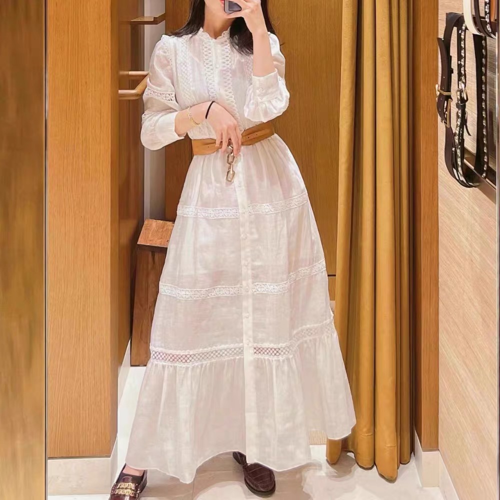 2024 Spring/Summer New Casual Dress Ma-je Linen Blended French Lace Collar Hollow White Long Dress