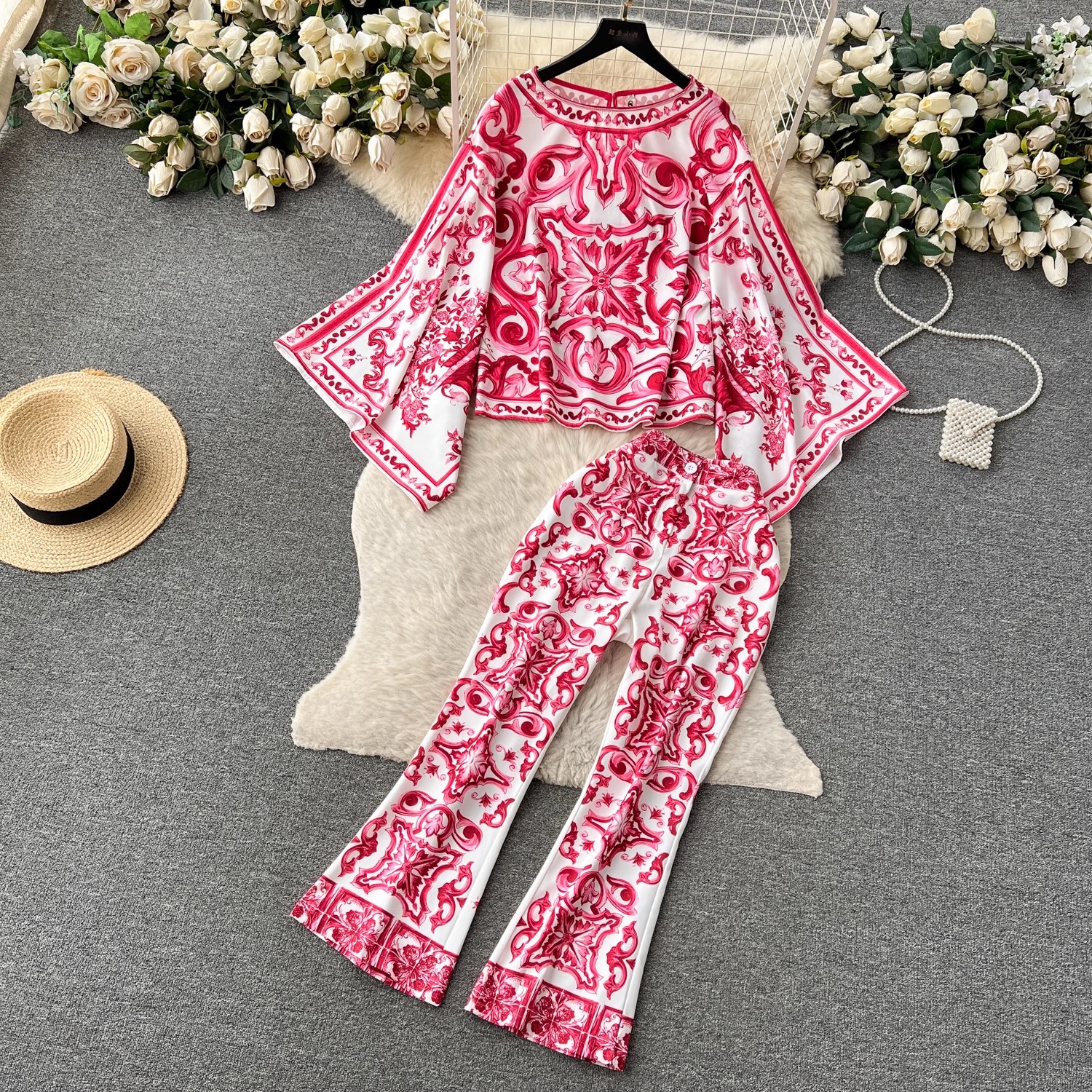 Women's Summer Runway Blue And White Porcelain Two Piece Suit Women Flare Sleeve Blouse Shirts Printed Wide Leg Cropped Pants Sets