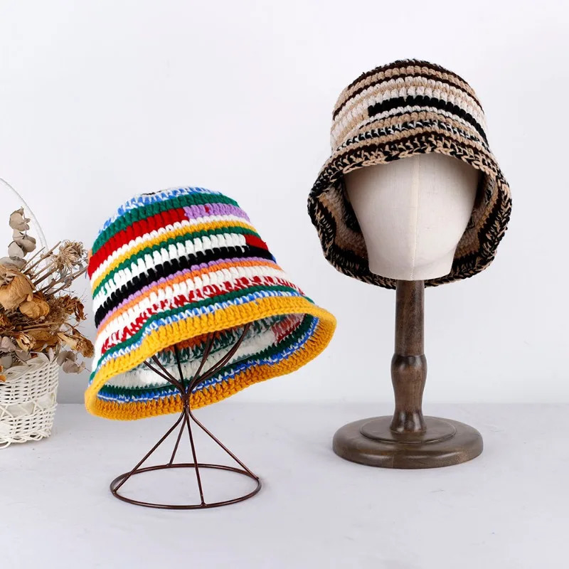 2023 Patchwork Bucket Hat Hats for Men Winter Warm Beanie Hiking Womens Fisherman Crochet 240227