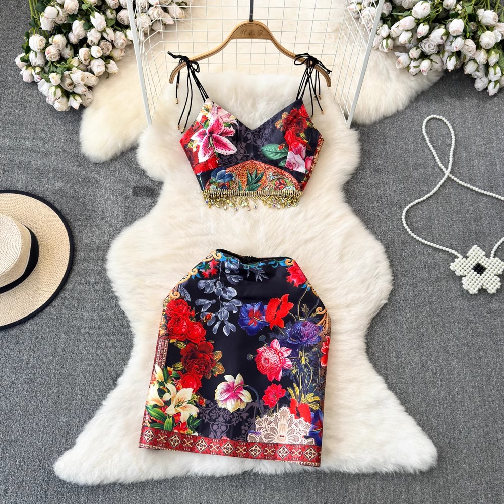 Two Piece Dress Fashion Runway Summer Skirt Suit Women's Bow Spaghetti Strap Beaded Tassel Short Tops Printed Mini Skirt 2 Two Piece Set 2024