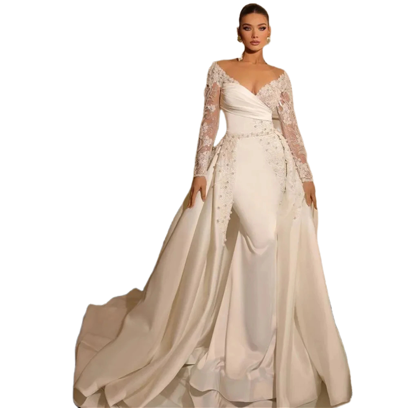 Elegant Ivory Satin Mermaid Wedding Dresses With Detachable Train 3D Floral Lace Appliques Long Sleeves Bridal Gowns Pearls Beaded Sexy Bride Receptio