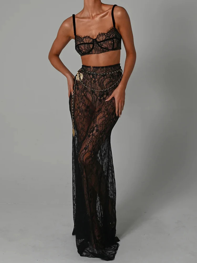 Mozision See Through Lace Two Piece Skirt Sets Women Crop Top And Maxi Skirt Sets Elegant Party Beach Sexy Two Piece Set 240304