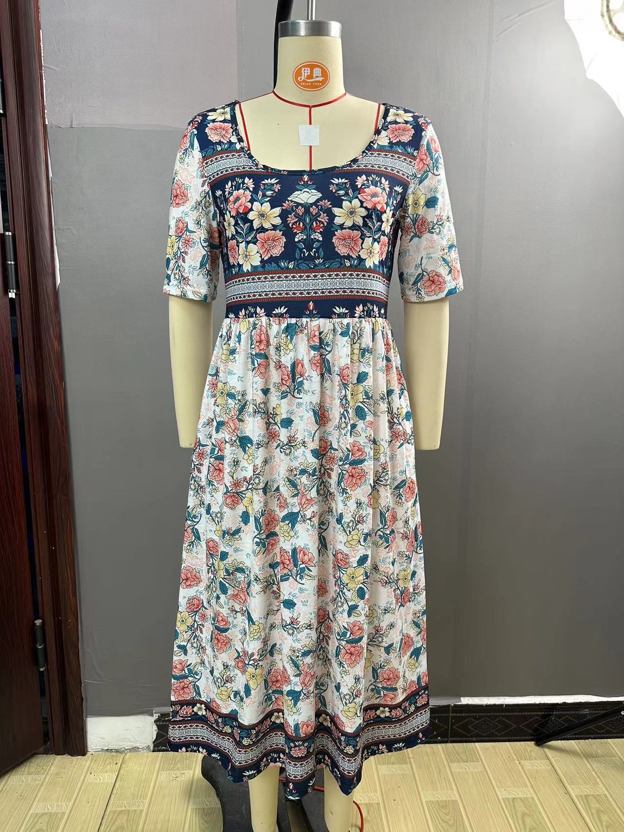 Women Casual Bohemian Dresses Floral Print Short Sleeve Dress Summer Loose Crewneck Plus Size A-Line Dresses with Pockets