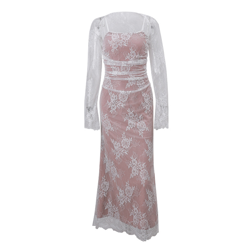 Women Cocktail Casual Dresses Sexy Lace Hollow Out Transparent Sleeveless Long Sleeve Slim Fit Maxi Party Club Evening Dress