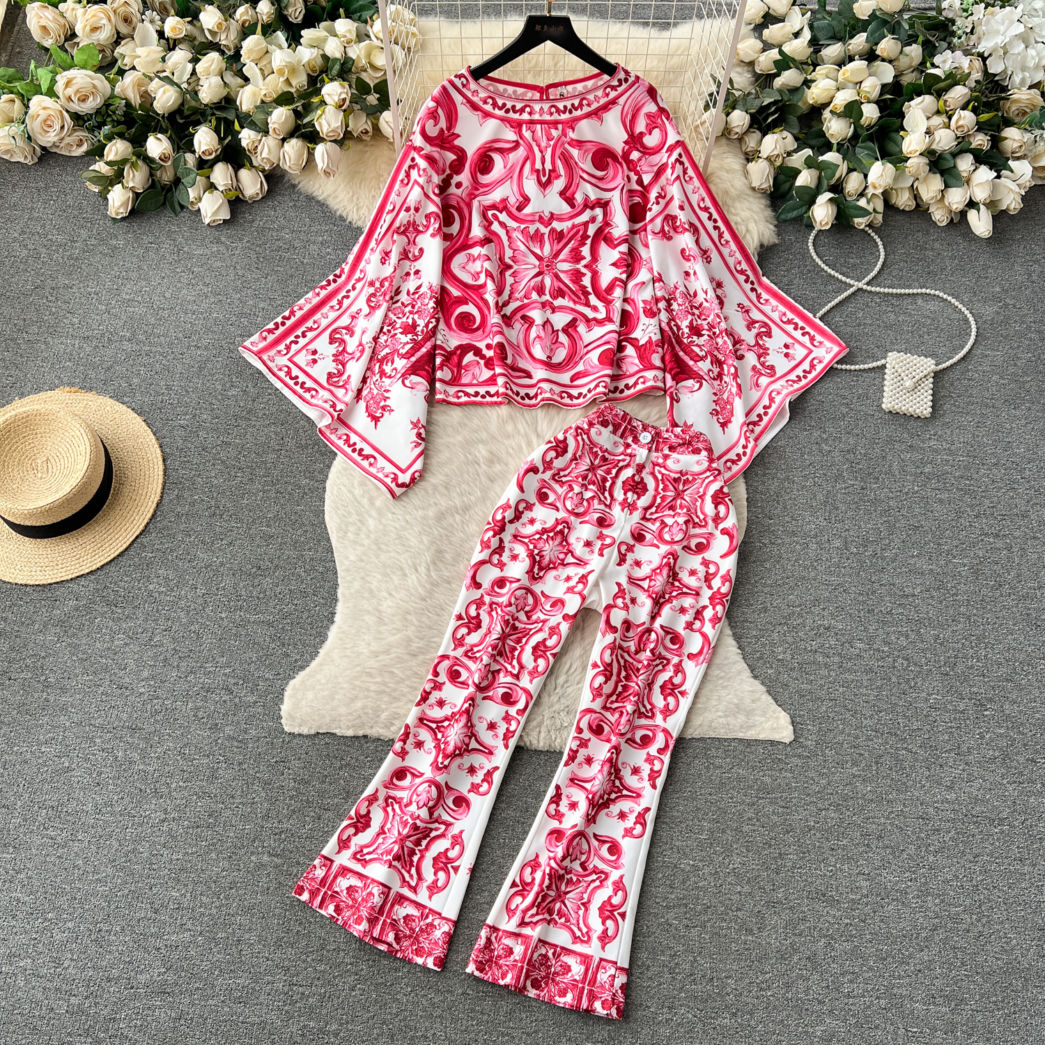 Women's Summer Runway Blue And White Porcelain Two Piece Suit Women Flare Sleeve Blouse Shirts Printed Wide Leg Cropped Pants Sets