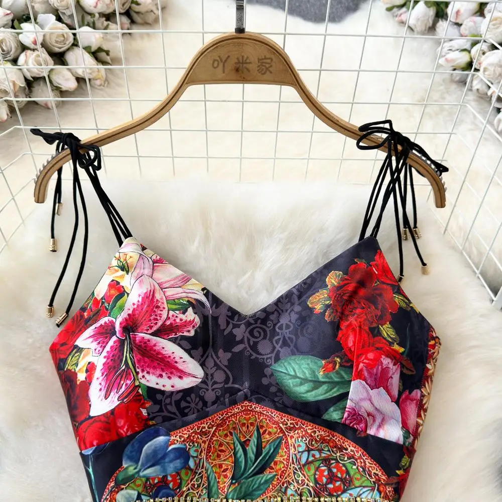Two Piece Dress Fashion Runway Summer Skirt Suit Women's Bow Spaghetti Strap Beaded Tassel Short Tops Printed Mini Skirt 2 Two Piece Set 2024
