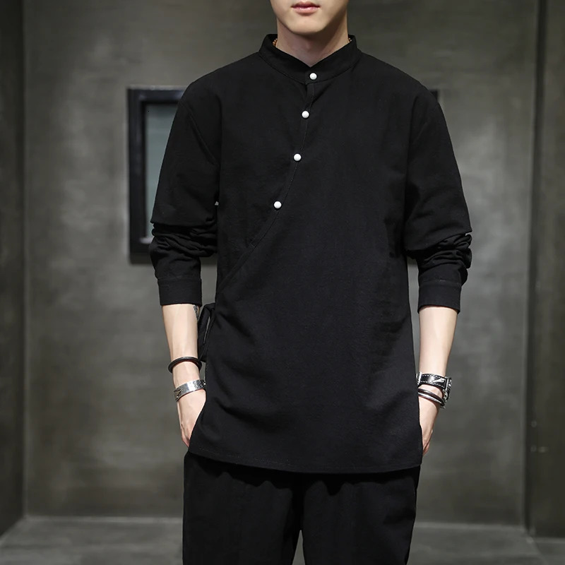 Mens Chinese Style Hemp Shirt Cotton Linen Tang Suit Hanfu Retro StandUp Collar Zen Clothes Harajuku tops Men Clothing 240306