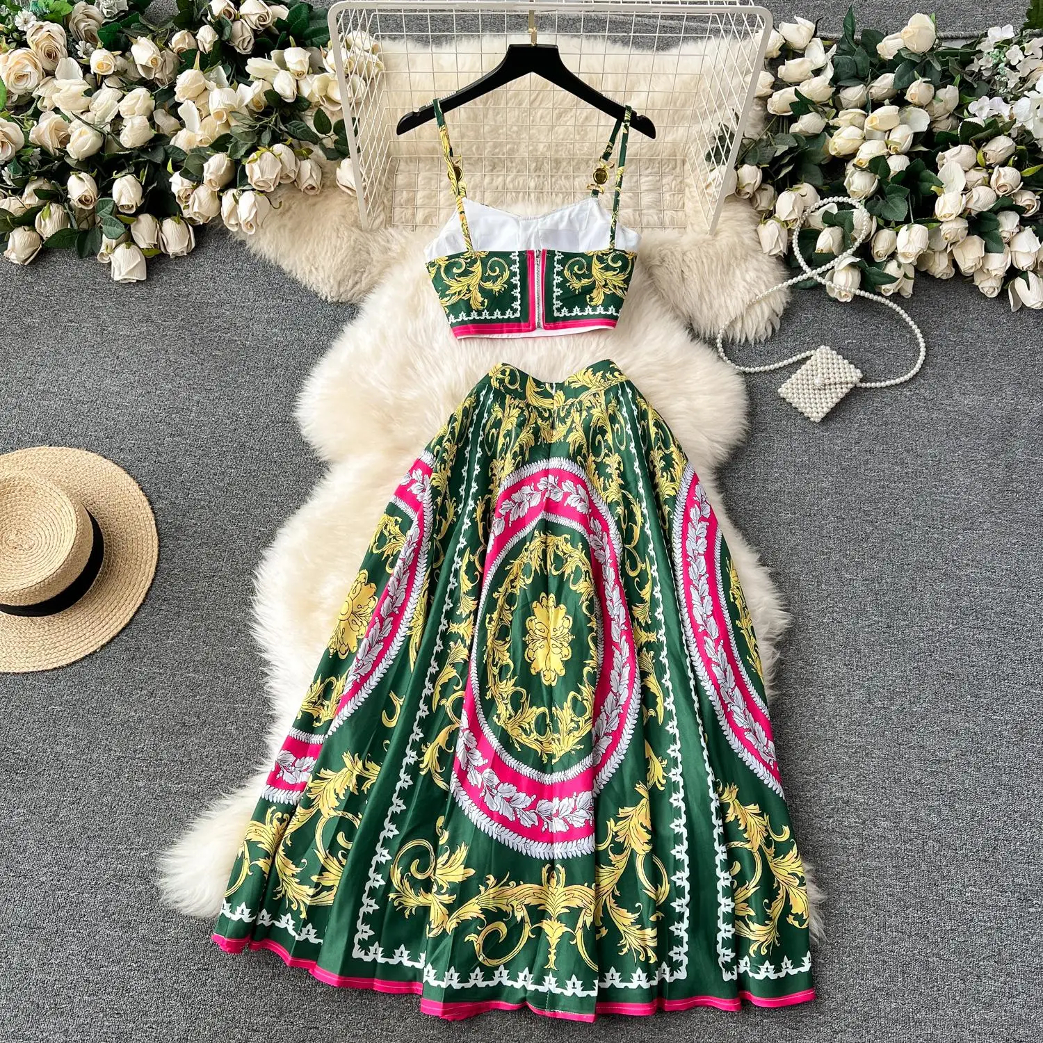 Two Piece Dress Summer Runway Holiday Outfits Women's Short Spaghetti Strap Metal Buckle Crop Tops Long Maxi Skirt Vacation 2 Pieces Set