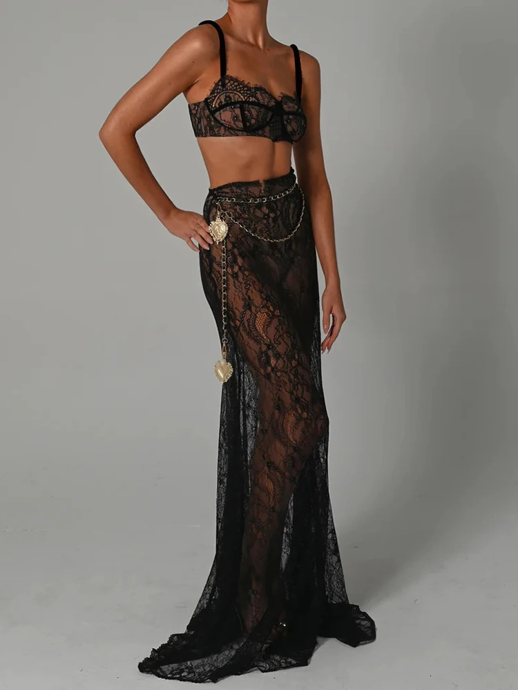 Mozision See Through Lace Two Piece Skirt Sets Women Crop Top And Maxi Skirt Sets Elegant Party Beach Sexy Two Piece Set 240304