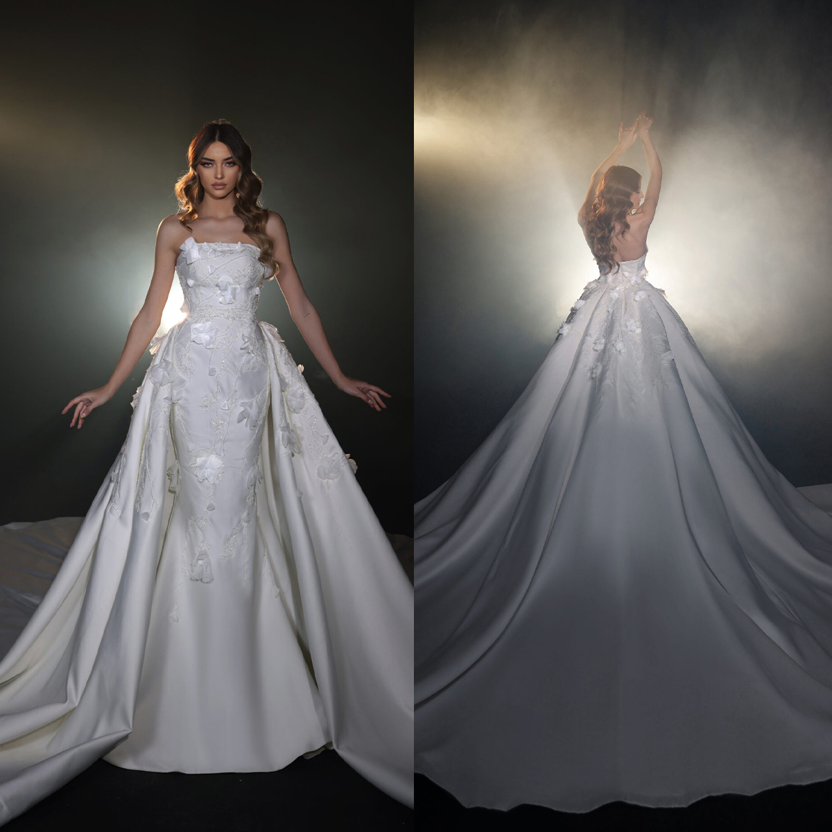 Charming Mermaid Wedding Dress 3D-Ral Appliques Bridal Gowns With Overskirts Sequins Backless Bride Dresses Sweep Train Custom Made 0219