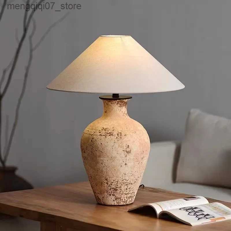 Lamps Shades Noguchi Yong Ceramic LED Table Lamp Retro Linen Lampshade Creative Japanese Zen Tea Room Bedroom Bedside Decoration Desk Lights L240311