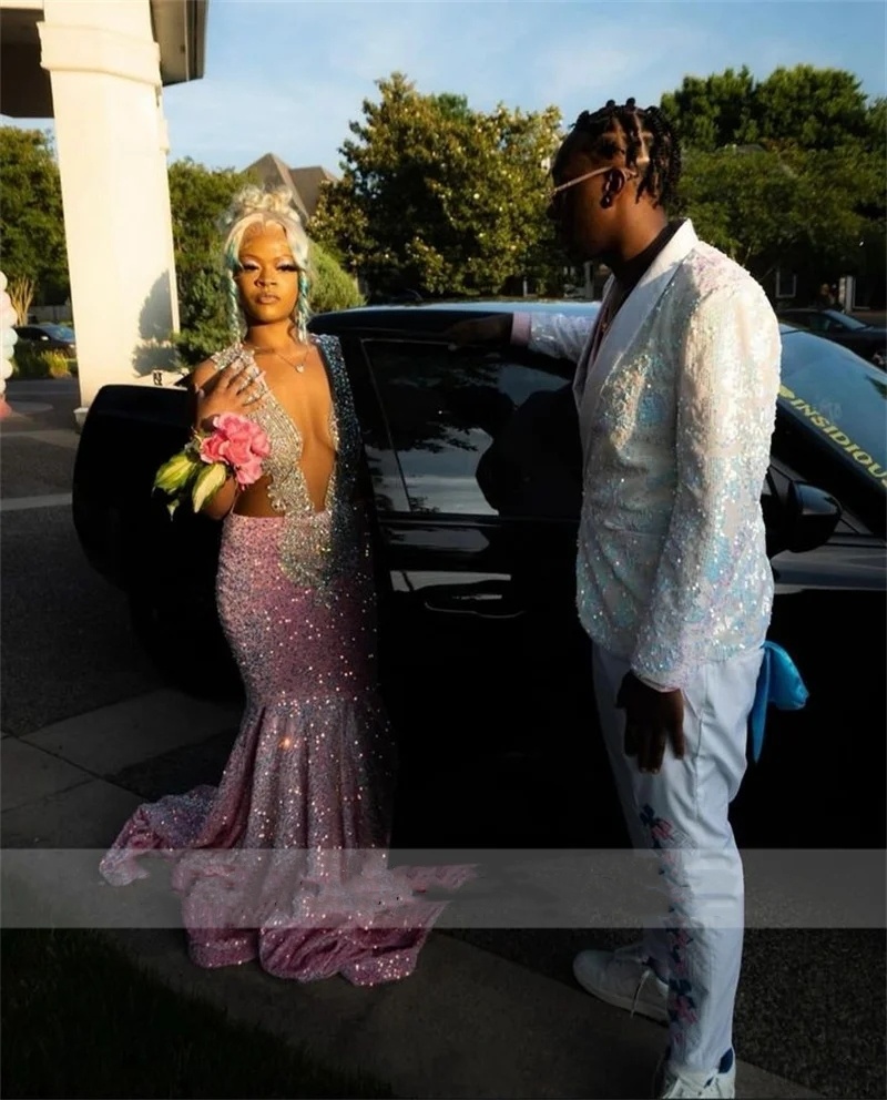 Pink Prom Dress For Black Girls Sparkly Crystal Rhinestones Beading Sequins Birthday Party Homecoming Gown