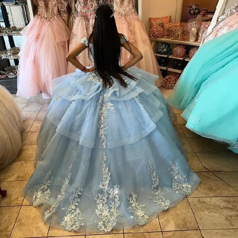 The Elegant Off Shoulder Quinceanera Dress Cascading Ruffles Ball Gown Appliques Beads Teens Evening Prom Pageant Gowns For Sweet S
