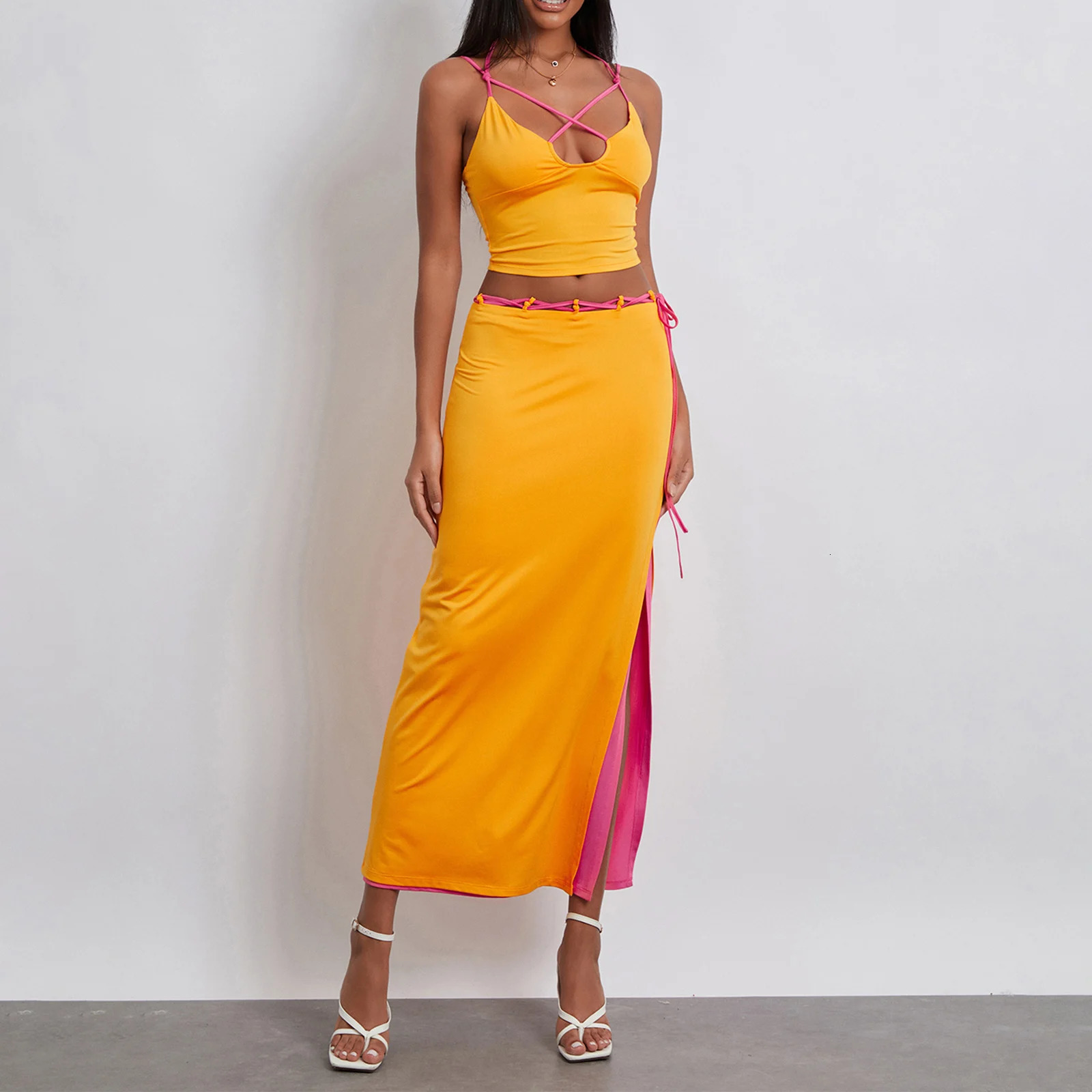 Womens Two Piece Summer Outfits Sleeveless Spaghetti Strap Halter Tops and Long Skirt Set Beachwear 240229