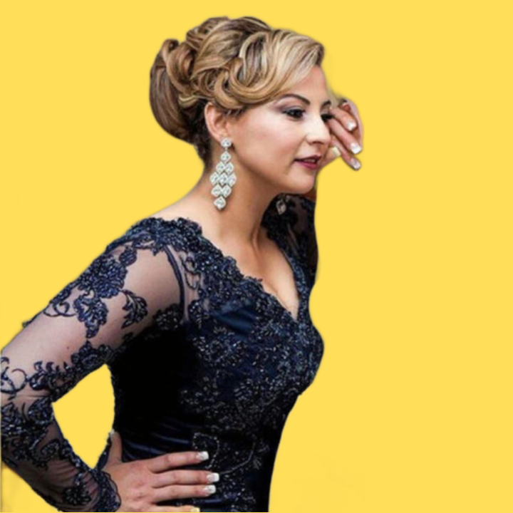 Navy Blue Lace MOTHER of the Bride Dresses New Elegant VNeck Long Sleeve Mermaid MOTHER of the Groom Wedding Guest Gowns M63