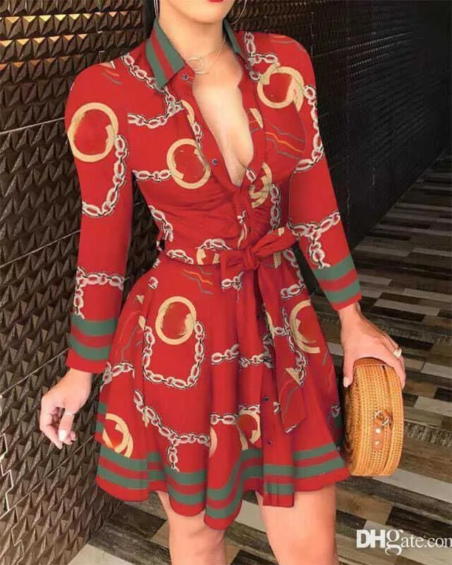 Plus Size Bandage Shirt Womens Lace-Up Button Down Chain Print Lapel Neck Party Dress 3XL Spring Summer Fall Fashion C260311