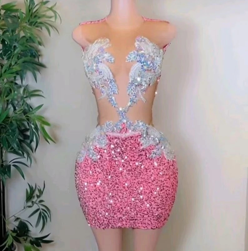 Sparkly Pink Sheer Women African Tail Sexy Dia Birthday Party Gowns For Black Girl Prom Dresses Short Homecoming