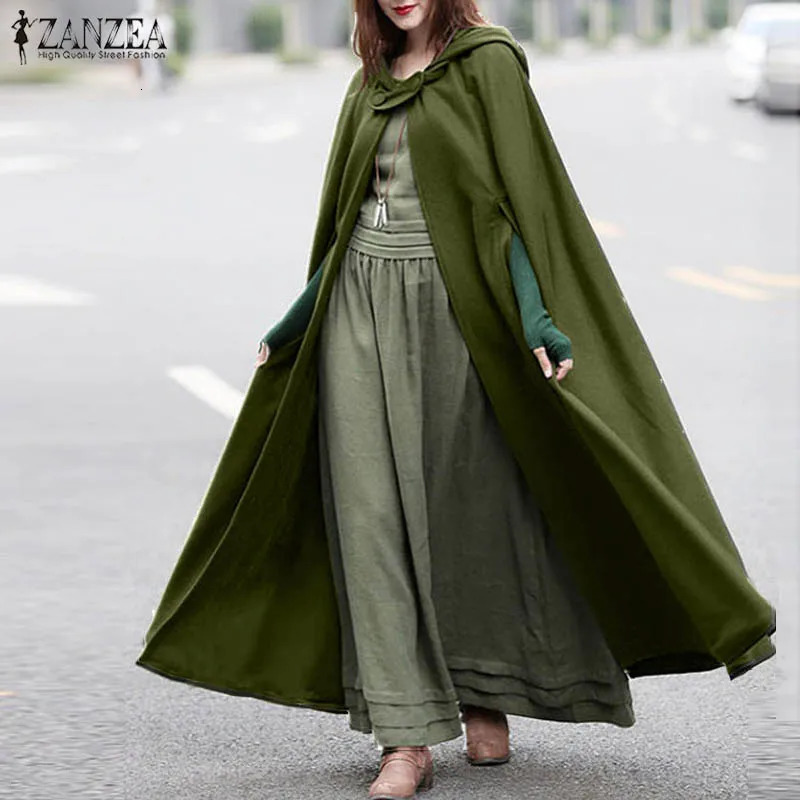 Stylish Long Cape Cloak ZANZEA Women Hooded Wool Blend Cloak Coat Autumn Hoodies Poncho Warm Cosplay Jackets Outwear Windbreaker 240309
