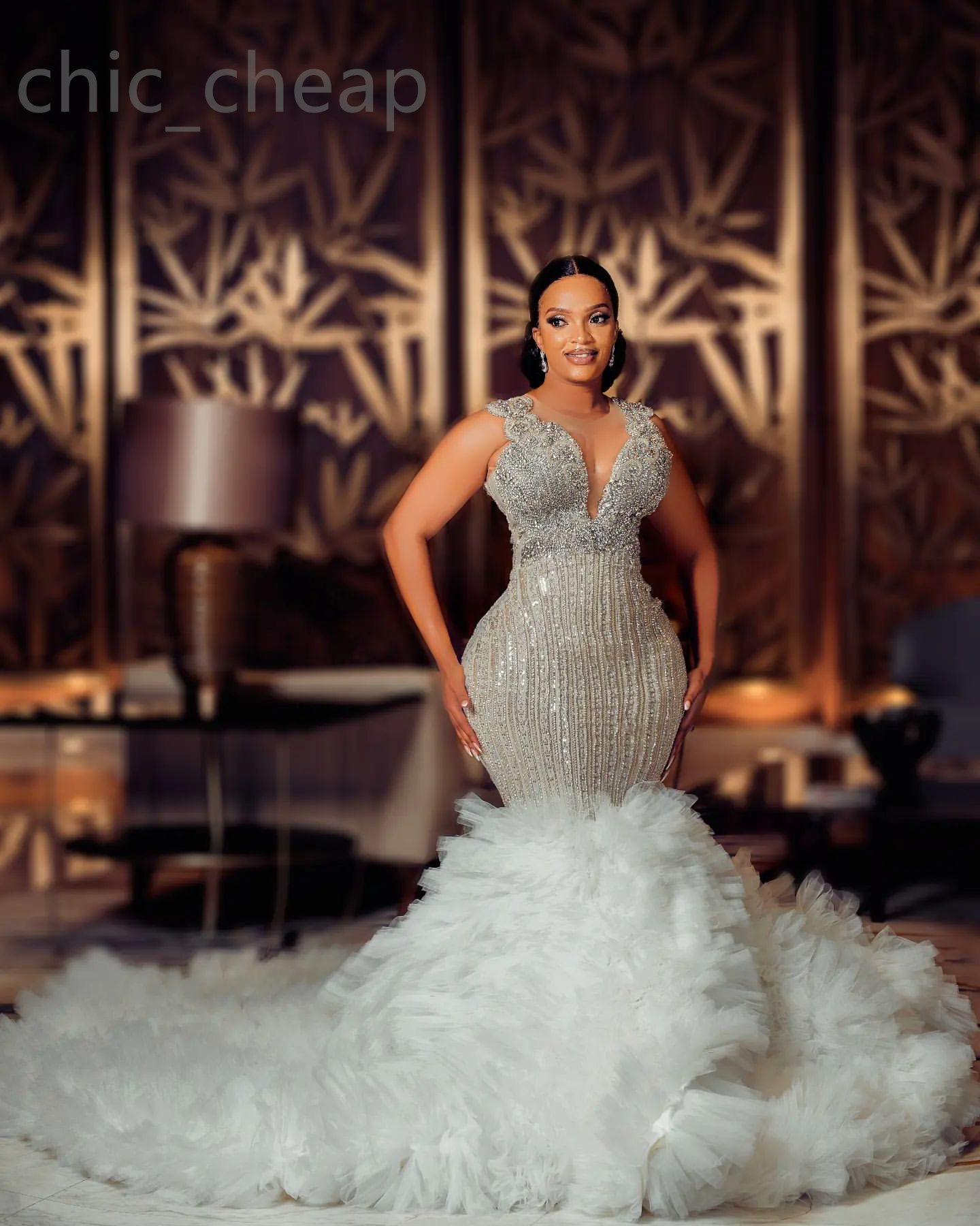 2024 Arabic Aso Ebi Plus Size Ivory Luxurious Mermaid Wedding Dress Beaded Crystals Tiers Tulle Bridal Gowns Dress ZJ102