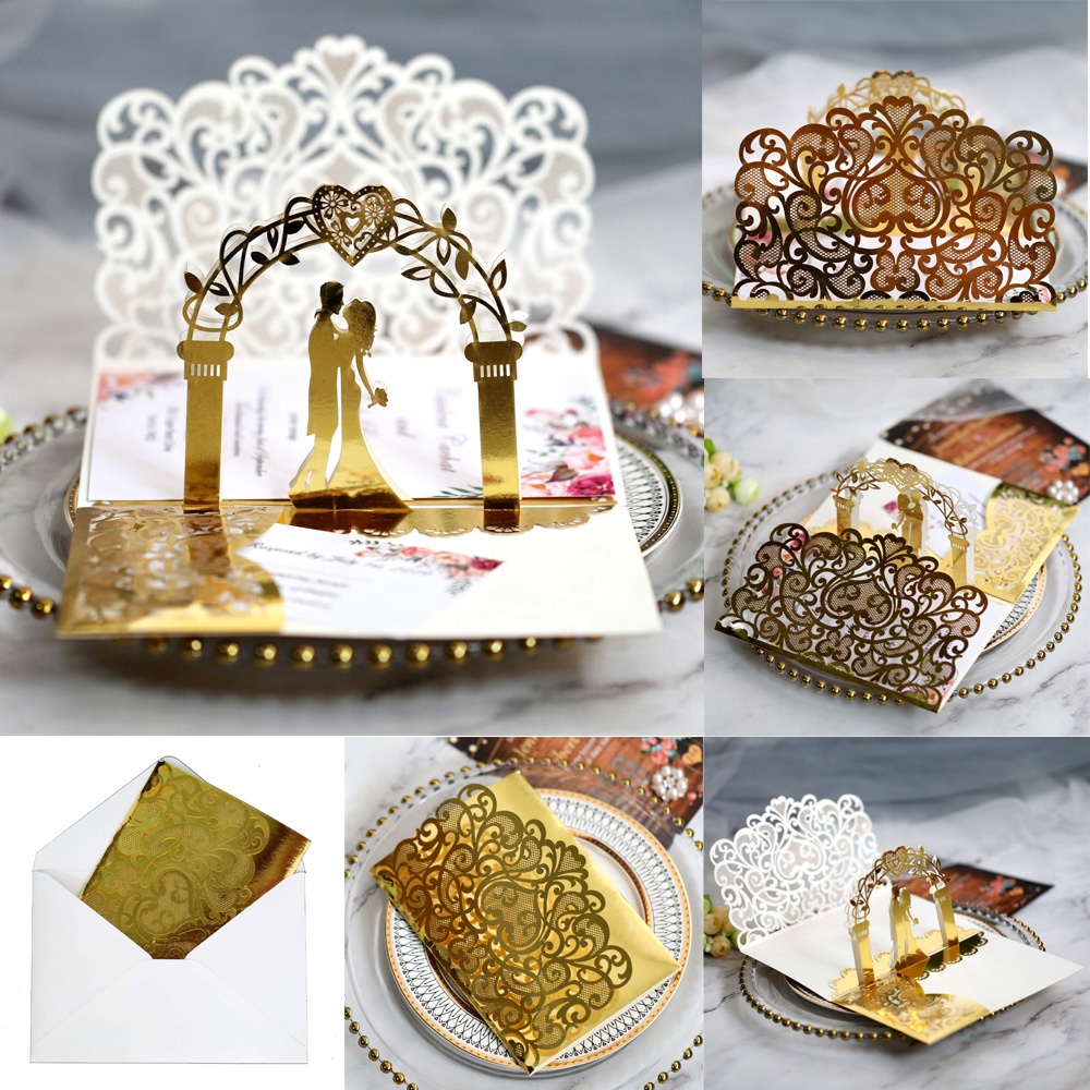 3D Bride Groom Paper Art Three Folding Pocket Card Wedding Party Invitation Cards Envelope Set 2502