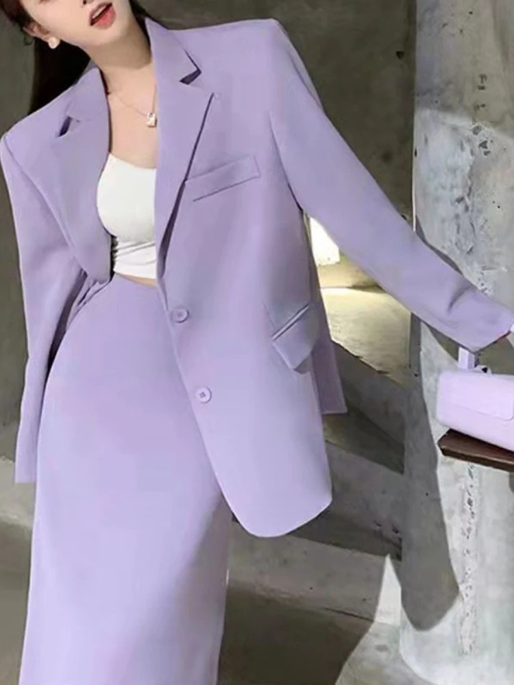 Skirt and Blazer Set Fashion Casual Long Sleeve Top Elegant Womens Sets Purple Blazers Coats Two Piece Women Suits 240226