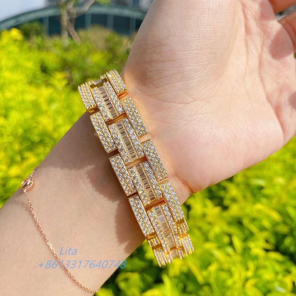 Luxury Jewelry Hip Hop Baguette Vvs Moissanite Watch Band Iced Out Men Cuban Link Bracelet Chain