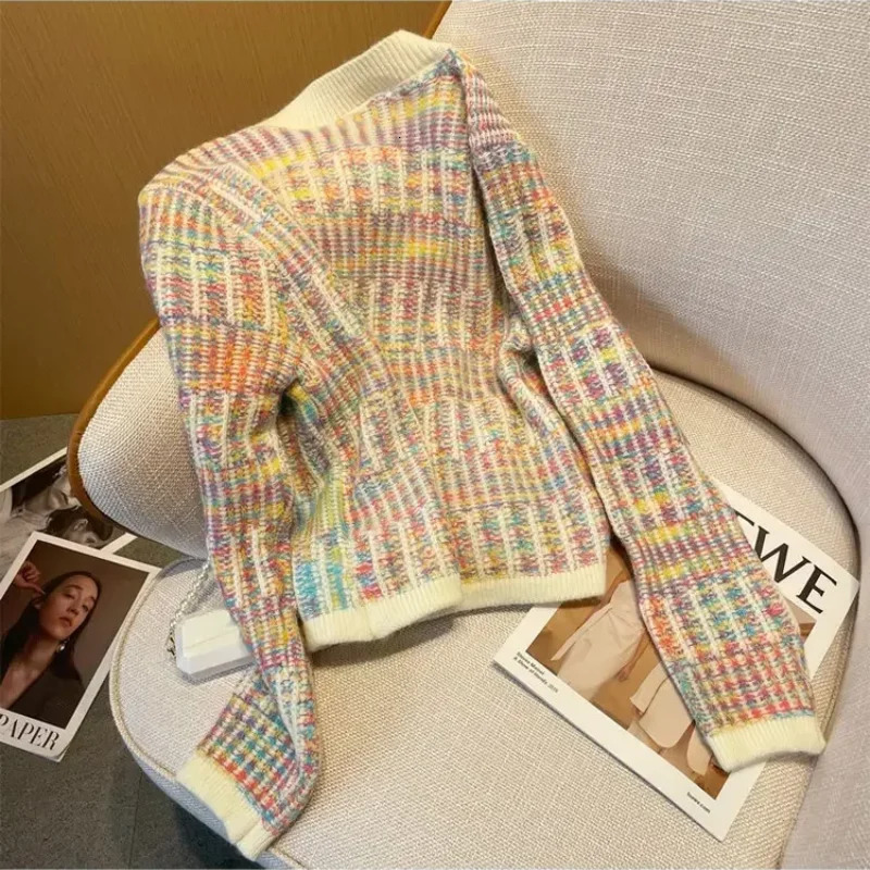 Sandro Rivers Autumn Loose Rainbow Striped Knitted Cardigan Sweater Women Long Sleeve Mixed Color Single Breasted Pockets Top 240228