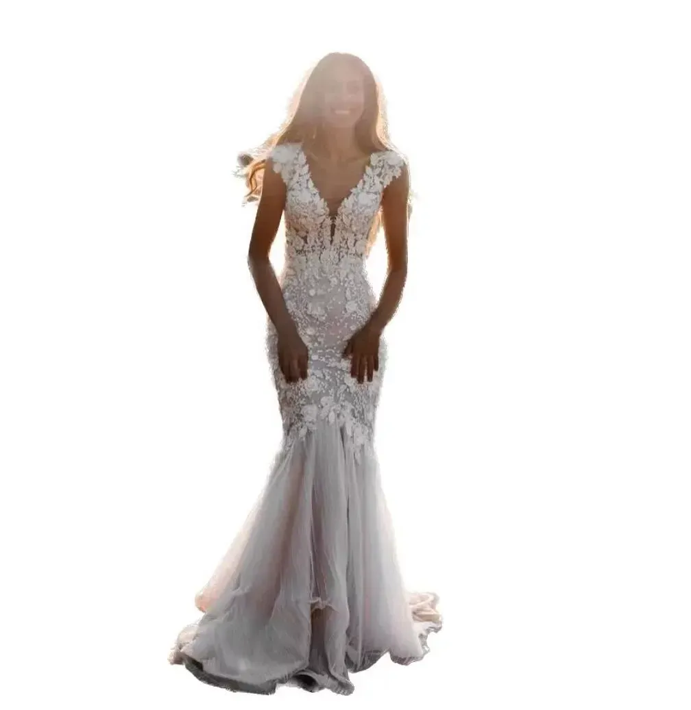 Beach Boho Mermaid Wedding Dresses Lace Deep V Neck Neckline Cap Sleeves Chapel Train Plus Size Bride Gown Vestidos De BC