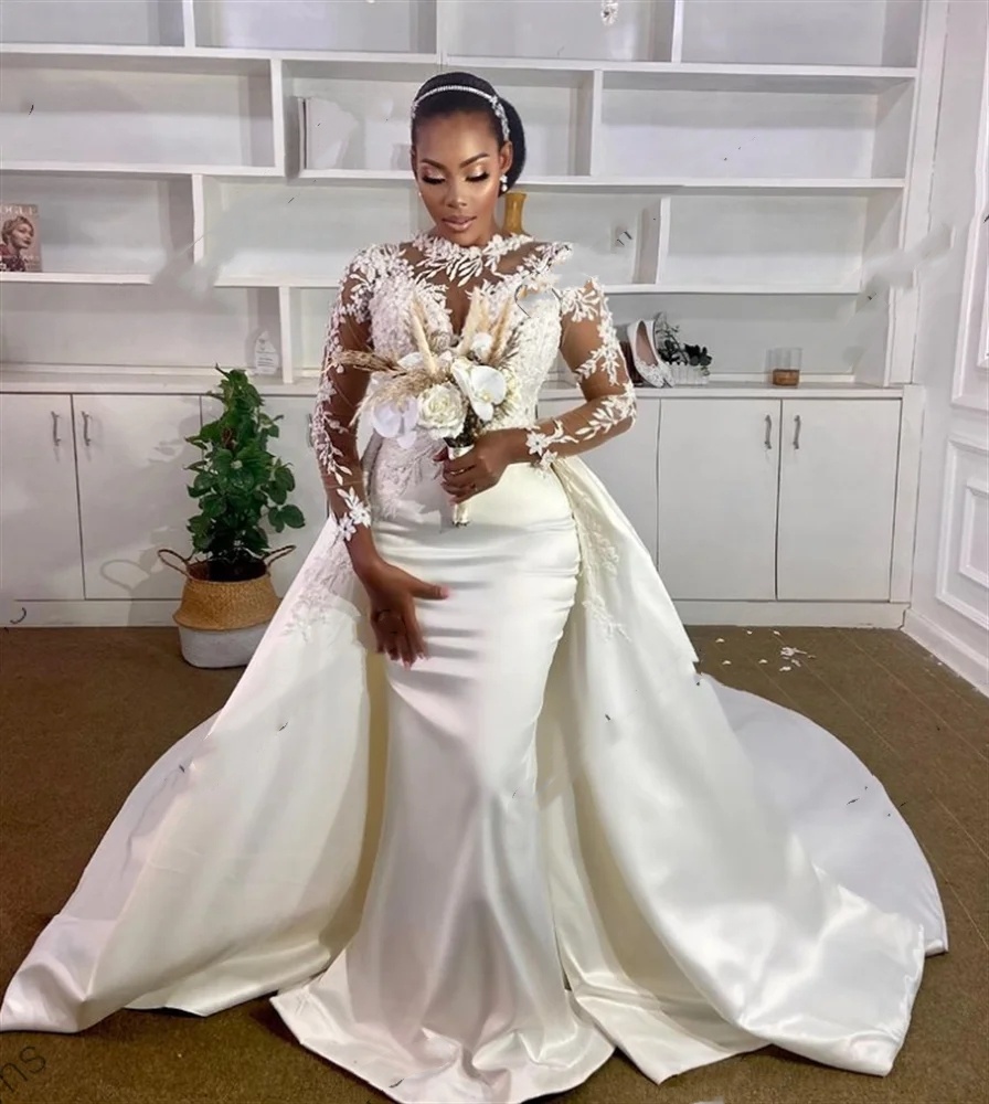 Mermaid Wedding Sexy Vintage Dress For Black Girls Pearls Appliques Lace African Bridal Gowns O Neck Formal Dresses Robe Es 6660305