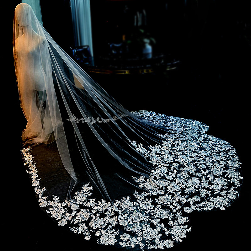 Gorgeous Cathedral Wedding Veils Lace Appliqued Edge Soft Tulle Hair Accessories Long Floral Bridal Veil With Comb