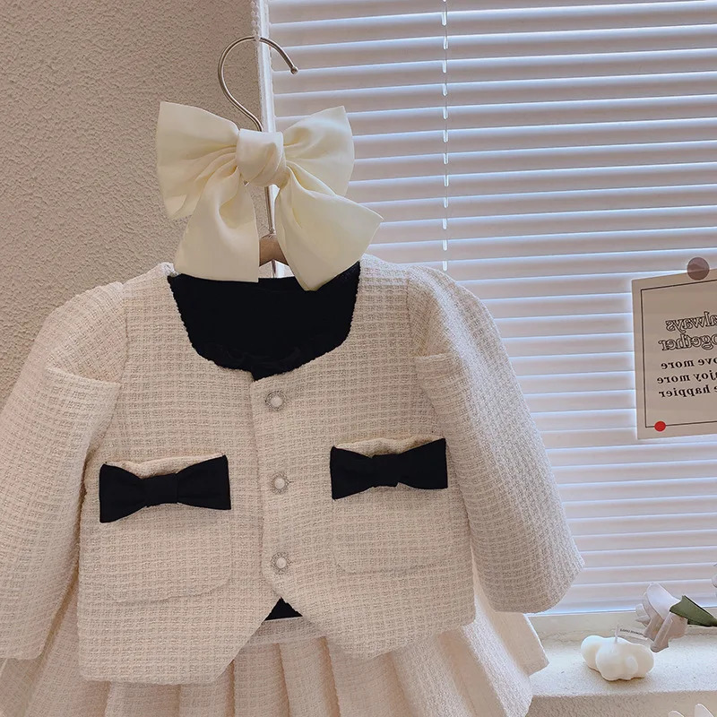 Toddler Girl Tweed Outfit Kids Winter Autumn Long Sleeves Princess Pink Skirt Sets Bow Jacket Skirt Suit Birthday Party Clothes 240227