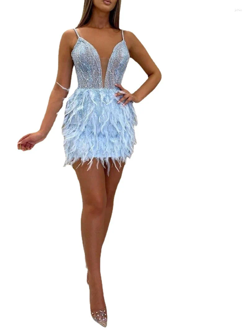 Casual Dresses Elegant Womens Banquet Evening Sexy Sleeveless Short Feather Blue Dress 2024 Summer Fashion