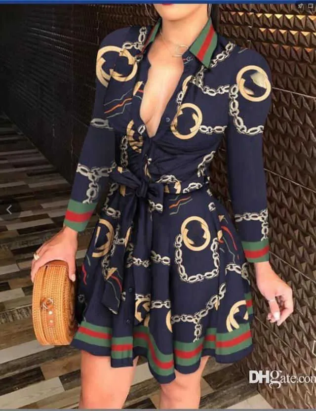 Plus Size Bandage Shirt Womens Lace-Up Button Down Chain Print Lapel Neck Party Dress 3XL Spring Summer Fall Fashion C260311