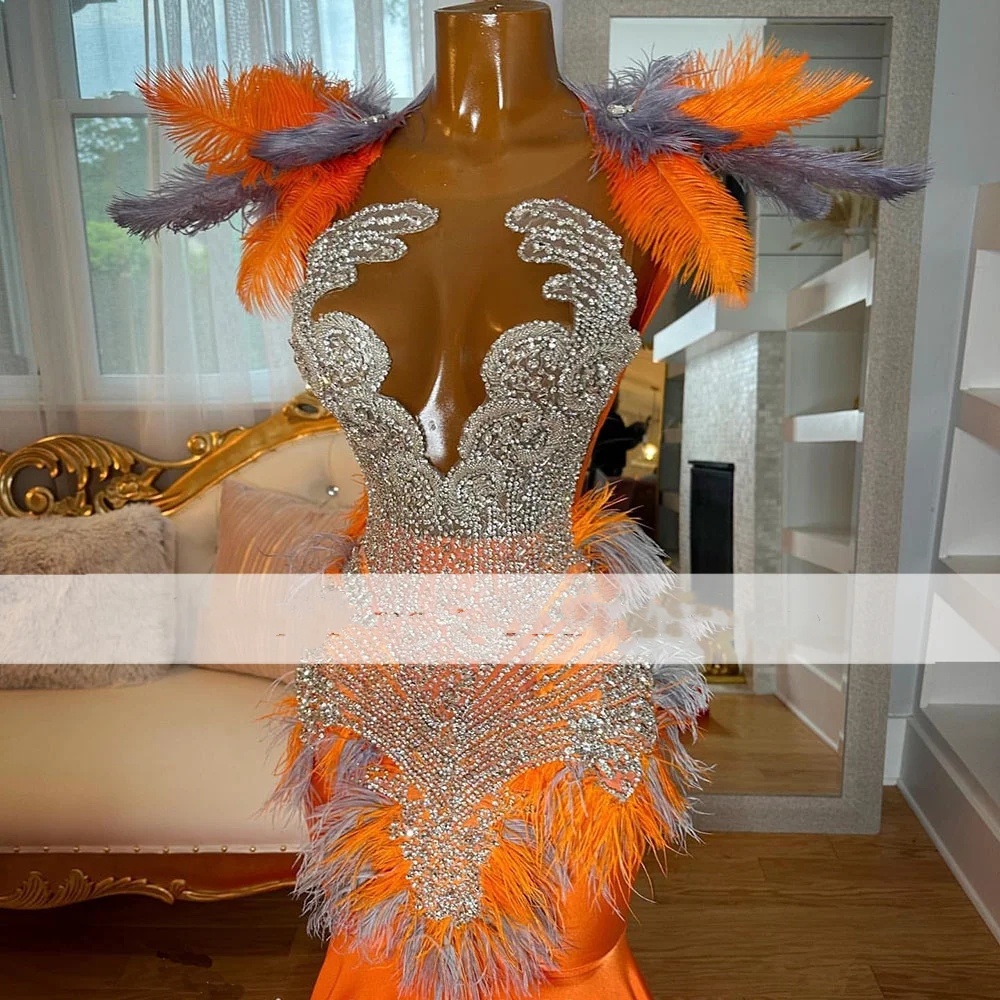 Orange Elegant Mermaid Prom Dresses With Feathers Black Girls Beaded Crystal Gala Met Party Gown Sexy Formal Evening Dress