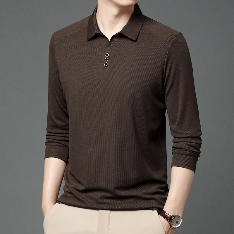 2023 Business Office Fashion PoloNeck Mens Shirt Autumn Winter Casual Allmatch Solid Color Long Sleeve Tshirt Male Clothes 240304