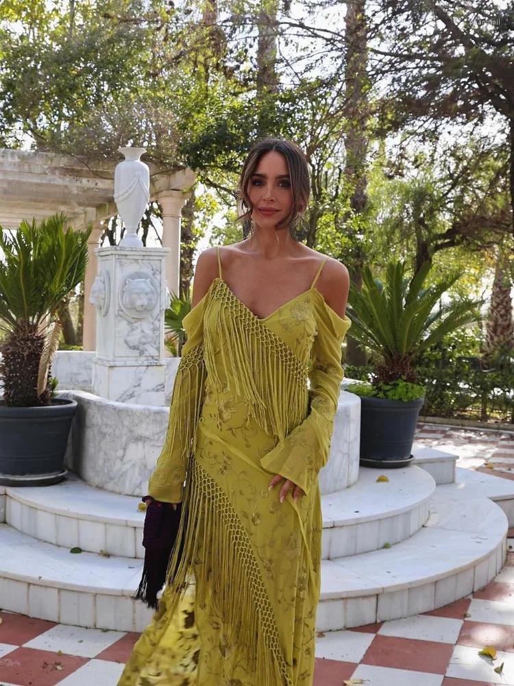 Casual Dresses Spring Elegant Green Tassel Irregular Print Dress Women V-neck Long Sleeve Spaghetti Vestidos Female Fashion High Street Robe