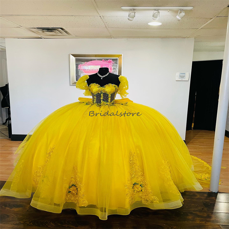 Uniques Yellow Quinceanera Dresses With 3D Flowers 2024 Vestidos De Xv 15 Anos Masquerade Fluffy Sweetheart Lace Birthday Party Vestido De Para Sweet 