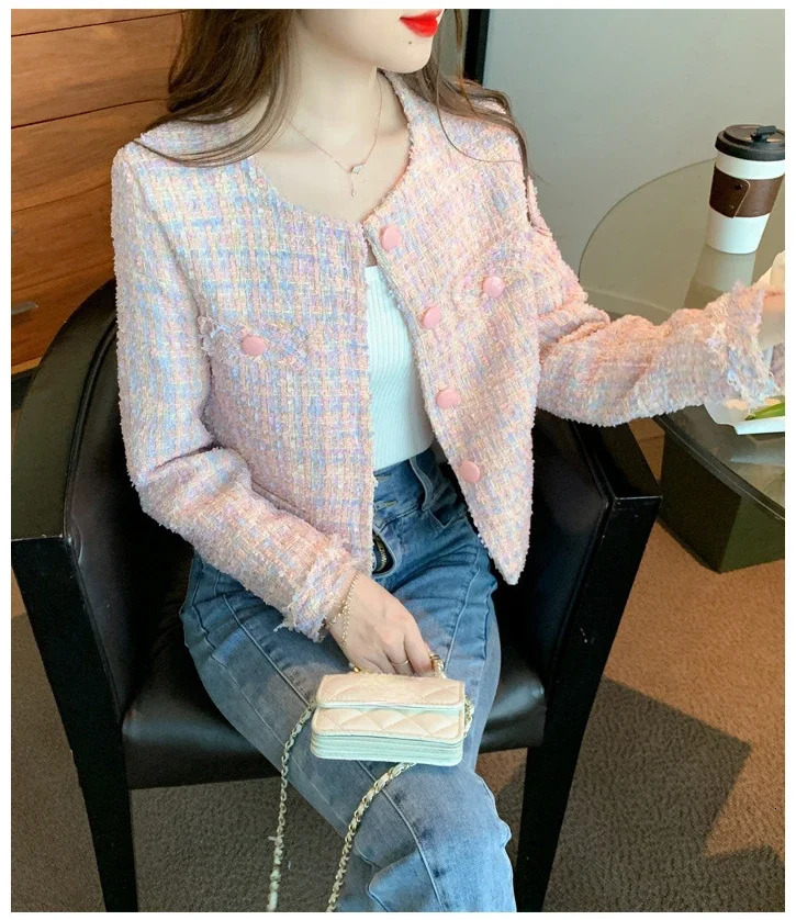 Womens Jacket Autumn Winter Pink Tweed Small Fragrance Coat Short Korean Fashion Advanced Sense Temperament Tops 240307