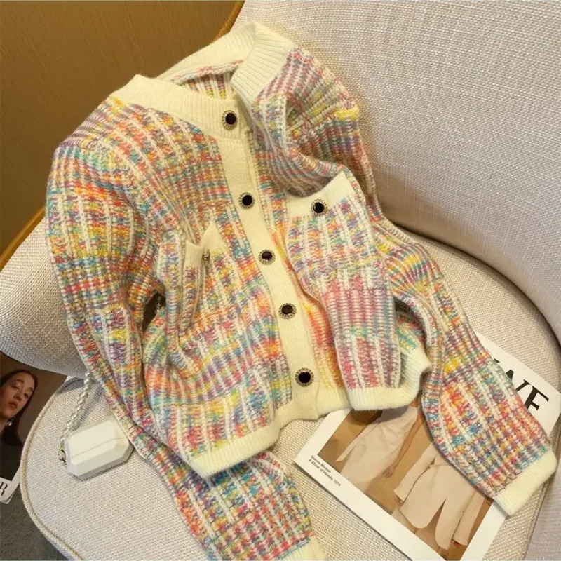 Sandro Rivers Autumn Loose Rainbow Striped Knitted Cardigan Sweater Women Long Sleeve Mixed Color Single Breasted Pockets Top 240228