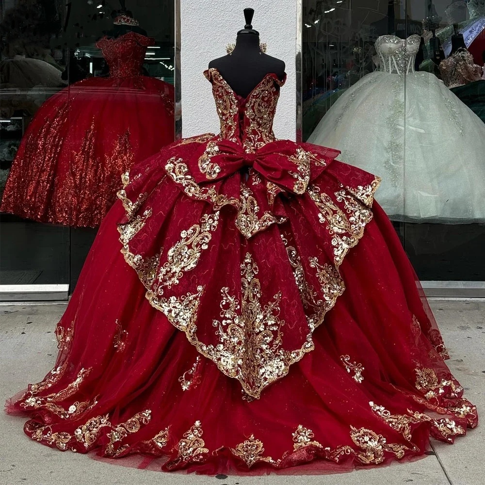 Princess Red Dresses 2024 Off Shoulder Puffy 3D Floral Applique Boning Corset Vestidos De 15 Quinceanera