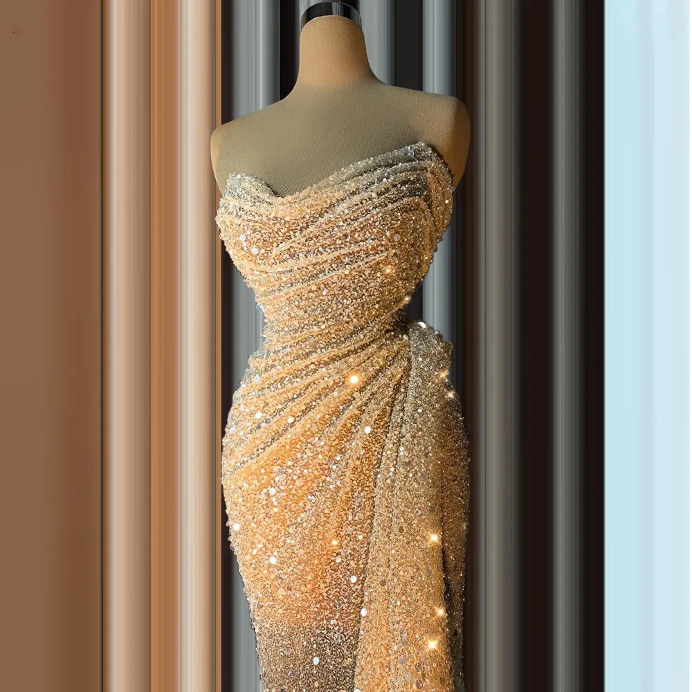 Champagne Sequined Mermaid Prom Dresses Pleats Beaded Floor Length Evening Gowns Party Dress Special Occassion Robe De Soiree