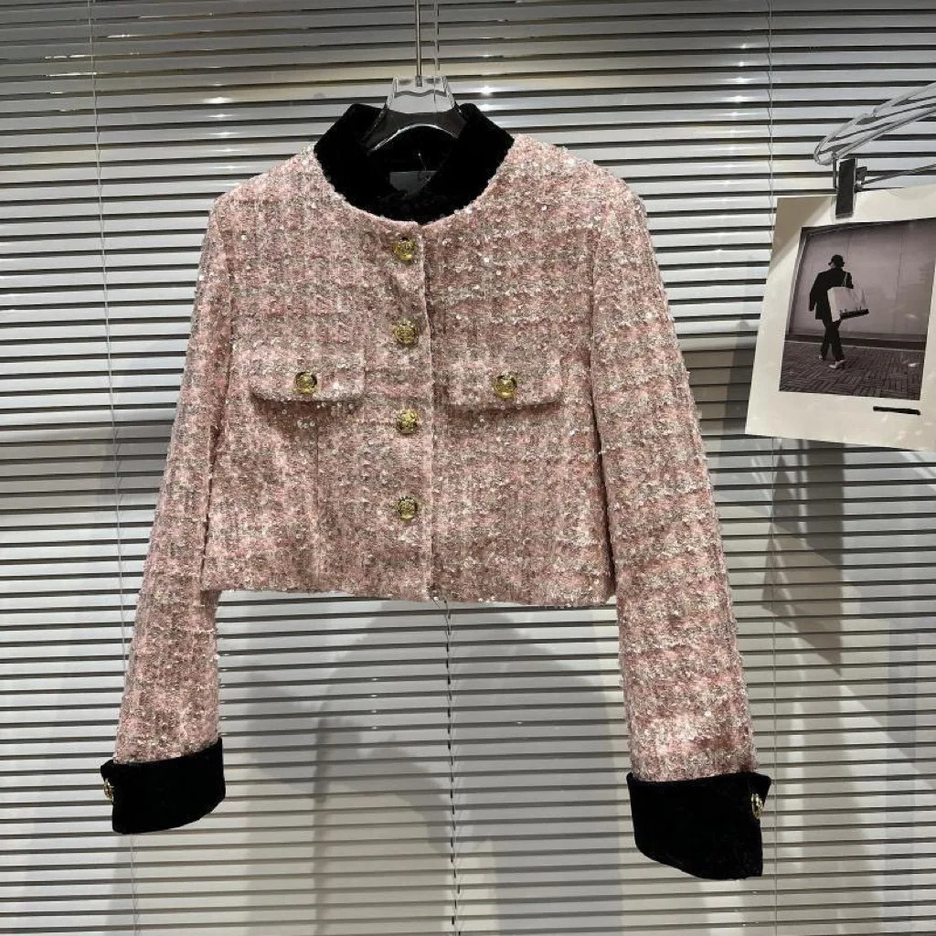 baby Girls Sequin Short Coat Autumn Thick Tweed Single breasted Metal buckle teen jacket kids clothes casaco menina 240227