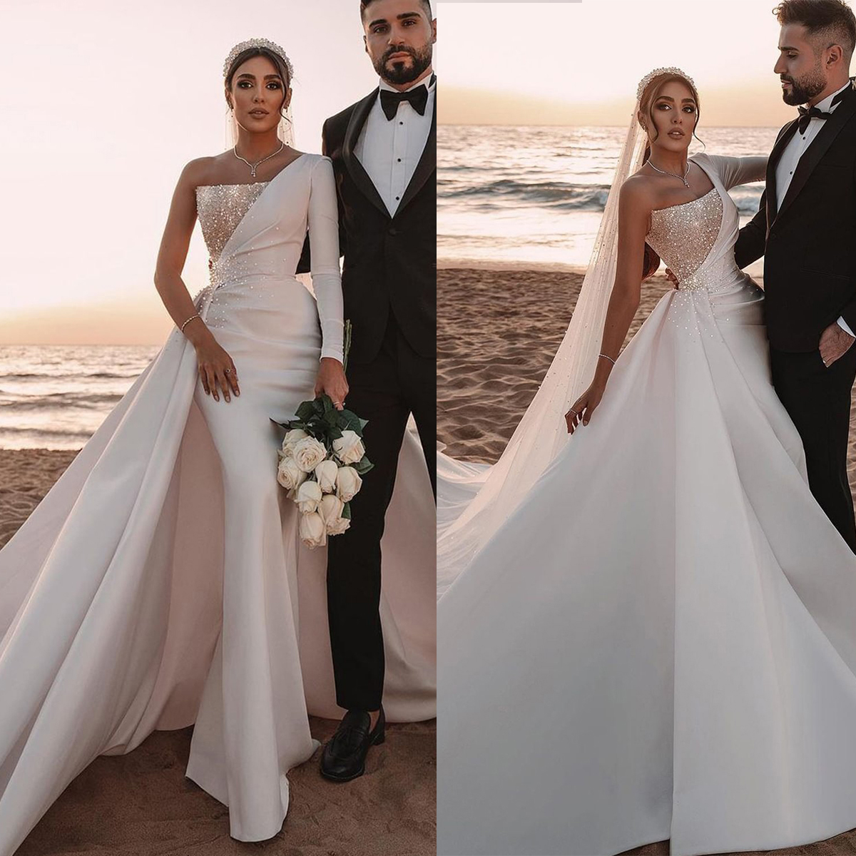 Fashion Wedding Dress Pearls Mermaid Bridal Gowns Detachable One Shoulder Sequins Bride Dresses Sweep Train Custom Made 0219