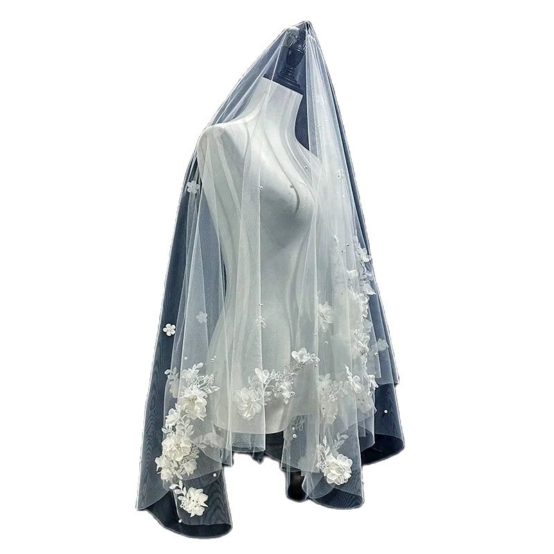 Bridal Veil Lace Edge Women's Short Veil With Comb 3D Flowers Bridal Veil For The Church Veu