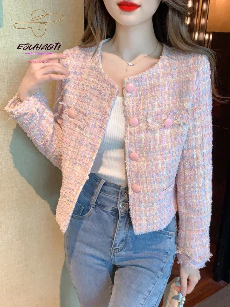 Womens Jacket Autumn Winter Pink Tweed Small Fragrance Coat Short Korean Fashion Advanced Sense Temperament Tops 240307